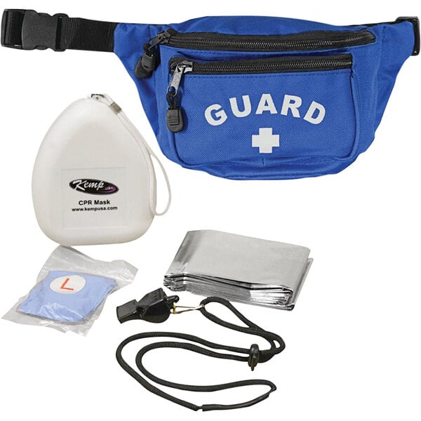 A Royal Blue waist bag with a white cross on it and a white whistle.