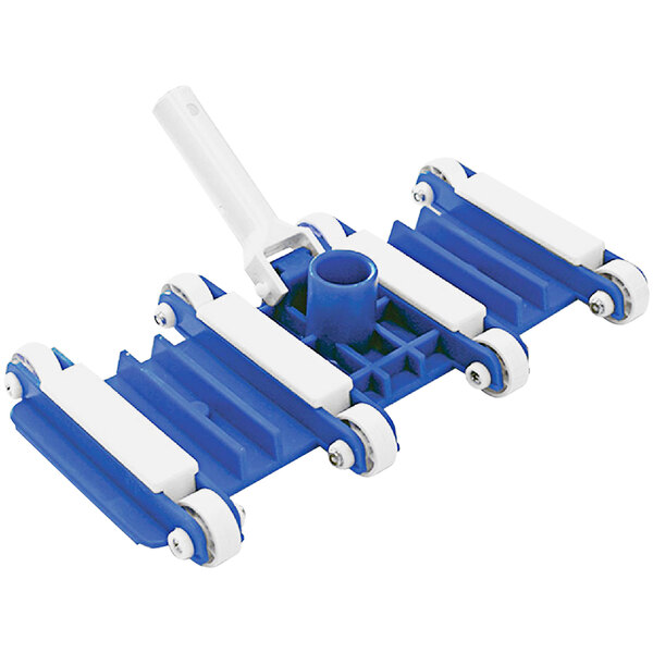 A blue and white plastic Kemp USA pool vacuum head with two handles.