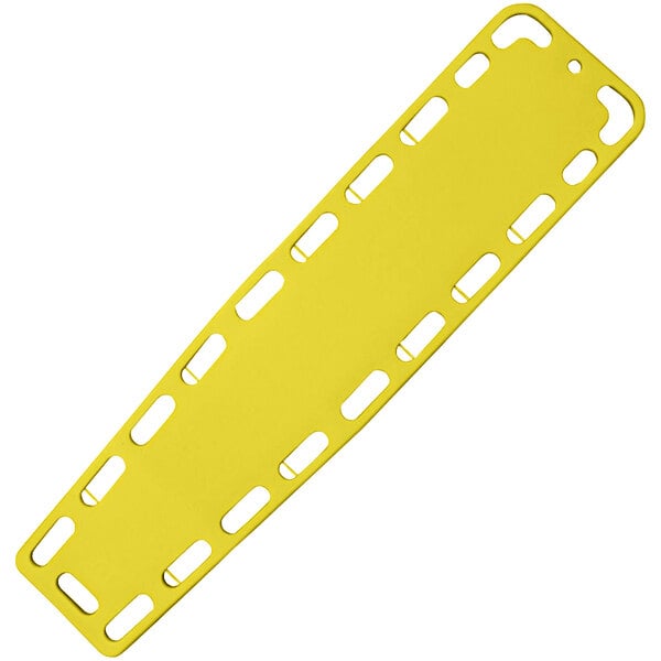A yellow plastic Kemp USA adult spineboard with holes.