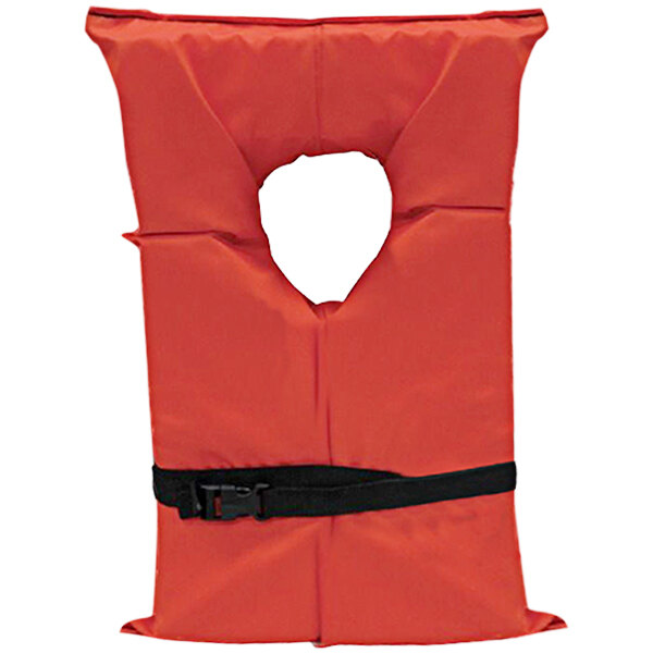 An orange life jacket with black straps.
