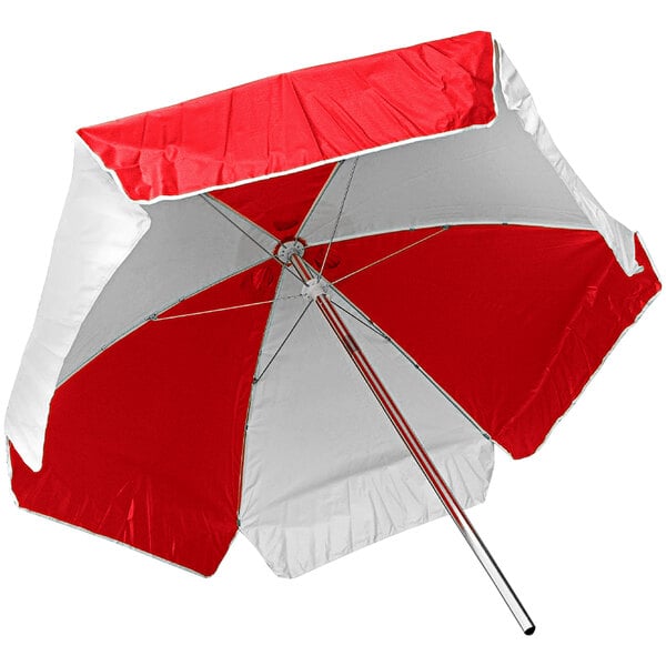A red and white Kemp USA umbrella with a white handle.