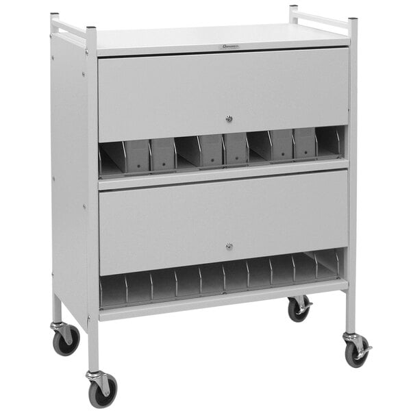An Omnimed light gray metal cart with locking panels.