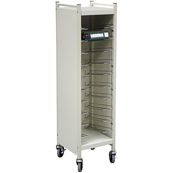 An Omnimed beige cart with shelves and a flat top.