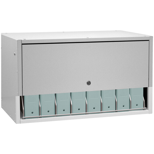 A light gray metal Cubbie file rack with metal boxes for binders.
