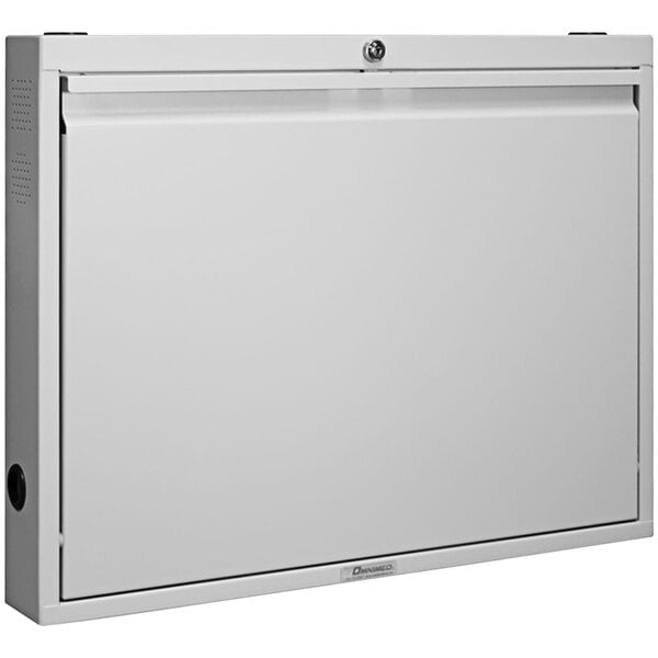 A light gray metal cabinet with a door on it.