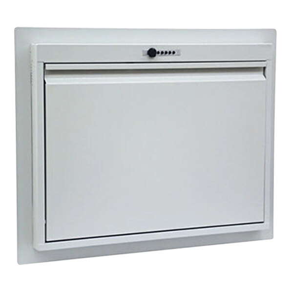 A light gray Omnimed recessed informatics workstation with a lock on a white background.