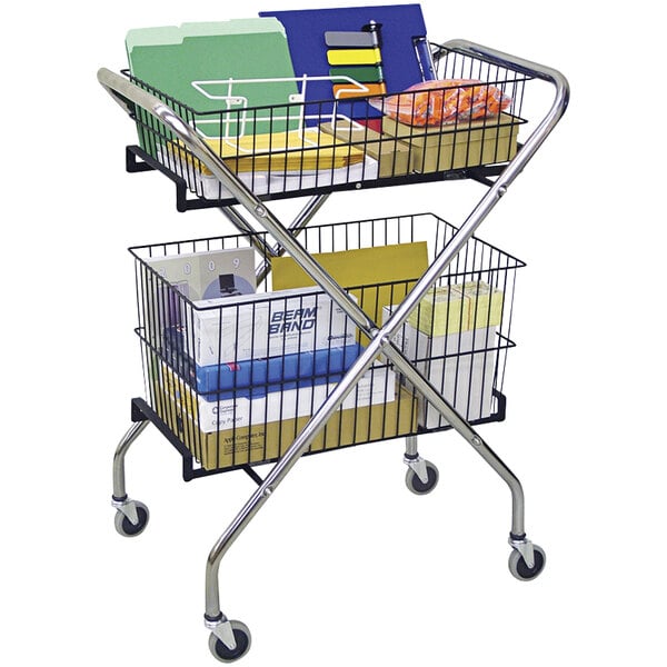 An Omnimed metal utility cart with files and folders in two baskets.