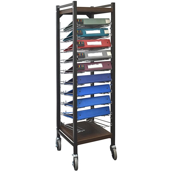 An Omnimed woodgrain rolling cart with 10 open flat storage binders for files.