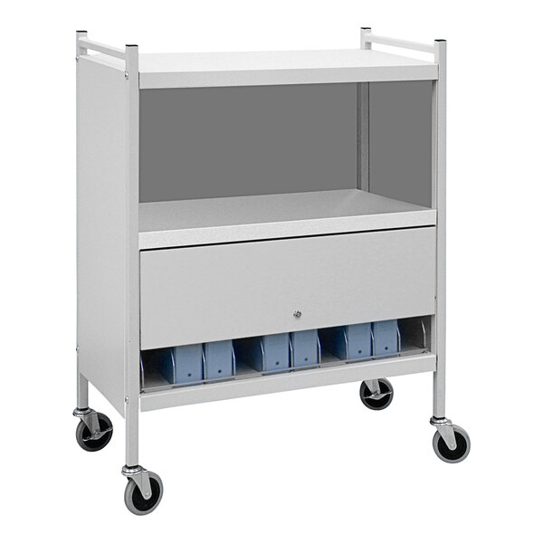 A light grey Omnicart with shelves and a locking panel.