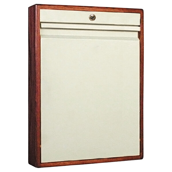 A white rectangular mail box with a brown cherry wood frame and key lock.