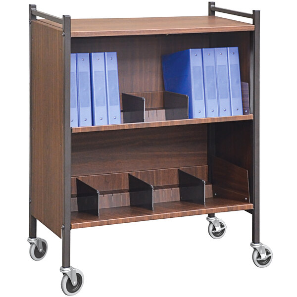 A woodgrain cabinet rack with blue folders on a brown shelf.