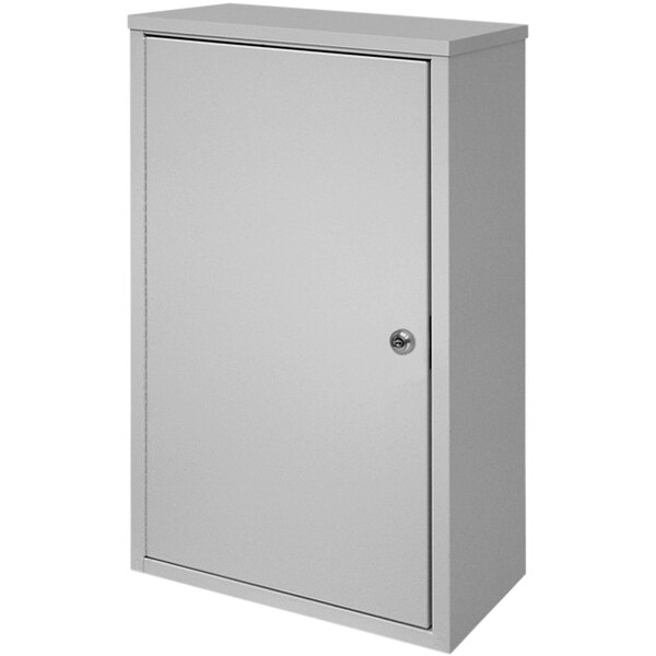 A light gray metal wall-mount cabinet with a door and key lock.