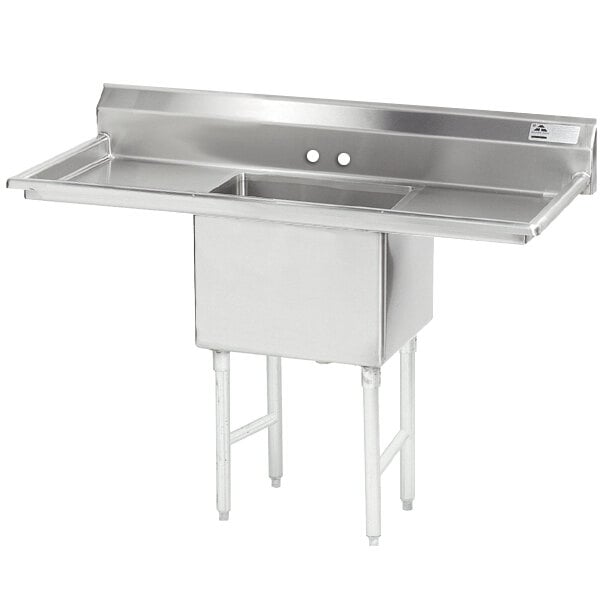 An Advance Tabco stainless steel one compartment pot sink with two drainboards on a counter.