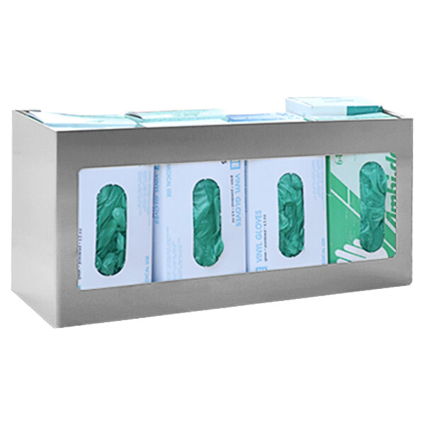 A stainless steel Omnimed disposable glove dispenser holding boxes of gloves.