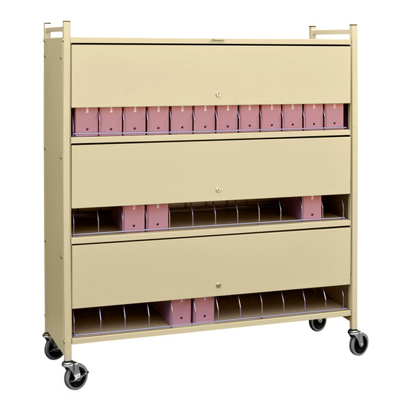 A beige metal cart with locking panels.
