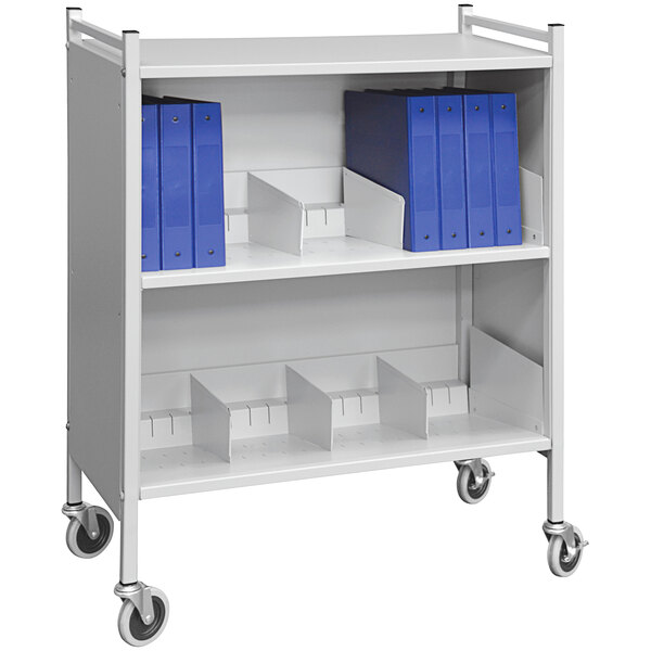 A light gray Omnimed 2-shelf cabinet rack with metal handles holding blue folders.