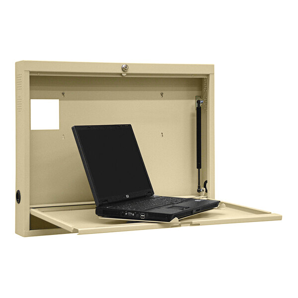 A beige Omnimed wall desk with a laptop on it.