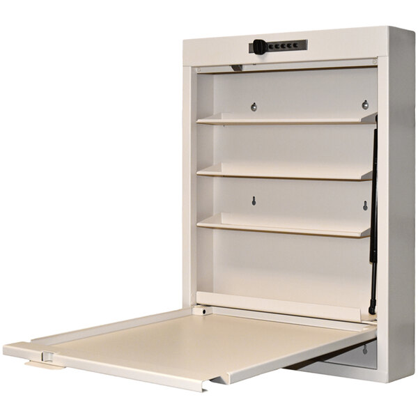 A beige metal wall mount cabinet with a lock and open door.
