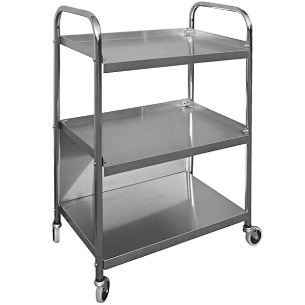 An Omnimed stainless steel three shelf cart with wheels.