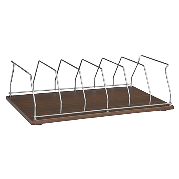 A woodgrain countertop rack with six metal sections on it.