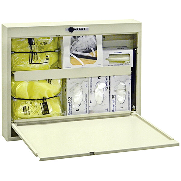 A beige Omnimed metal wall desk with a door open to reveal medical supplies inside.