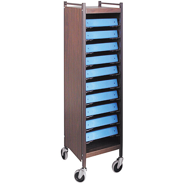 A brown Omnimed closed cart with blue drawers.