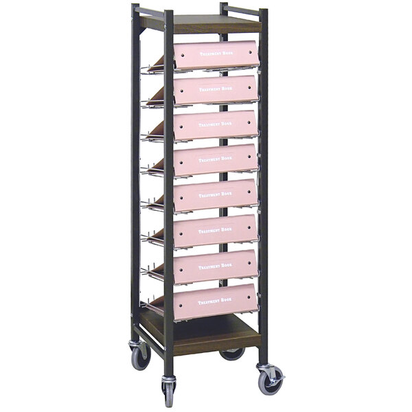 An Omnimed woodgrain cart with 8 open storage binders.