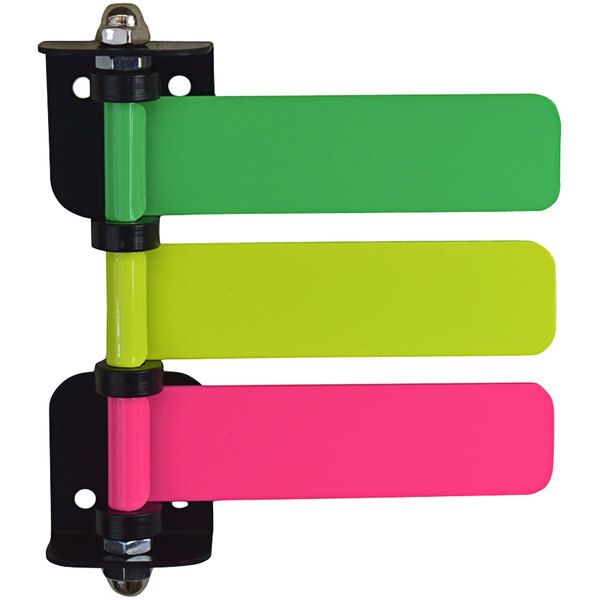 A set of three neon colored plastic clips on a black metal bracket with a colorful sign.