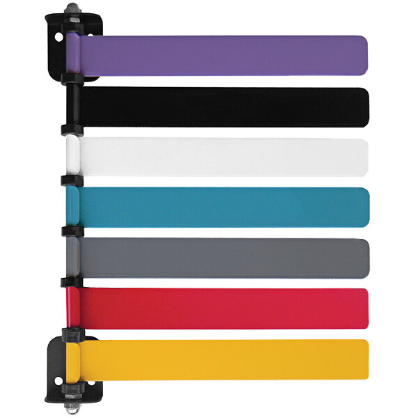A group of colorful rectangular plastic strips with white borders.