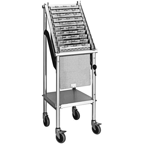 An Omnimed metal wheeled chart carrier with a tray.