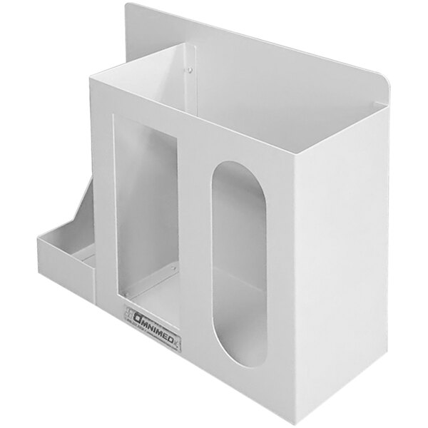 A white steel Omnimed infection prevention station with two compartments and a sanitizer section.