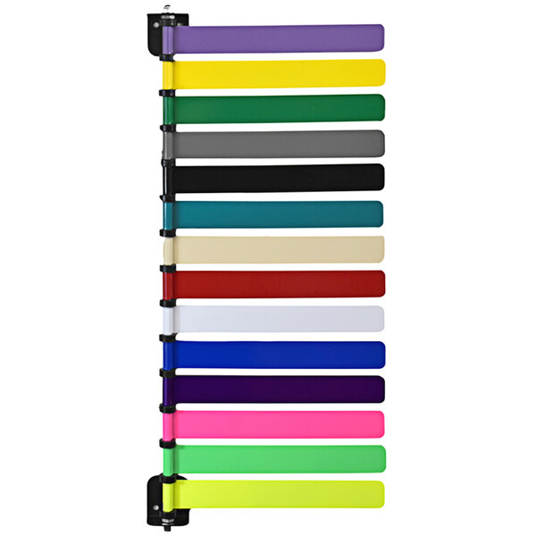 A row of colorful plastic strips on a white background.