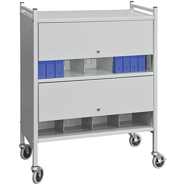 A light gray metal Omnimed cabinet cart with shelves and locking panels.