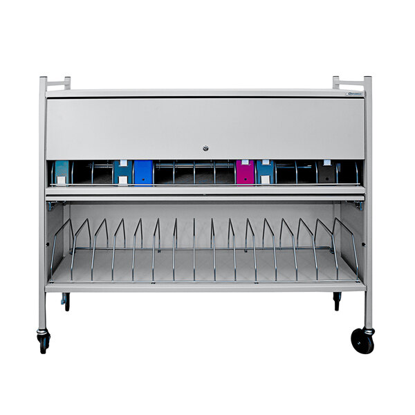A light gray metal Omnicart with a shelf and locking panel.