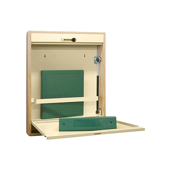 An Omnimed oak wall desk with a green safe and white border.