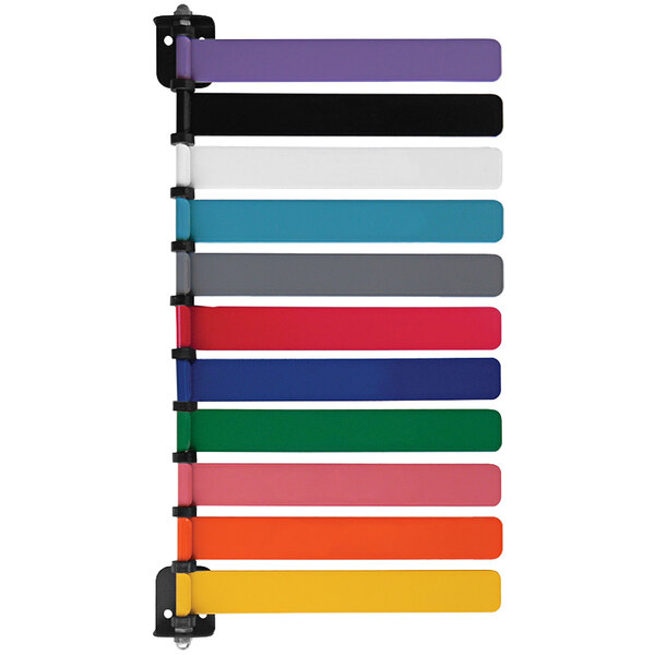 A group of colorful plastic strips with white borders.