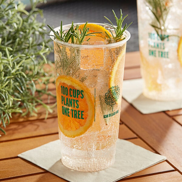 A New Roots compostable plastic cup with water, orange slices, and rosemary on a table.