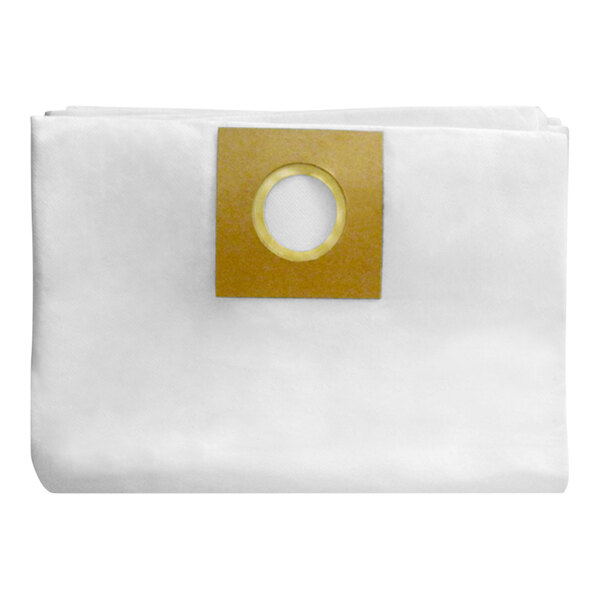 A white folded cloth bag with a gold square hole in the middle.