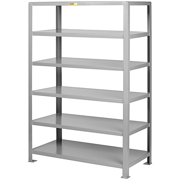 A grey Little Giant heavy-duty welded steel shelving unit with six shelves.