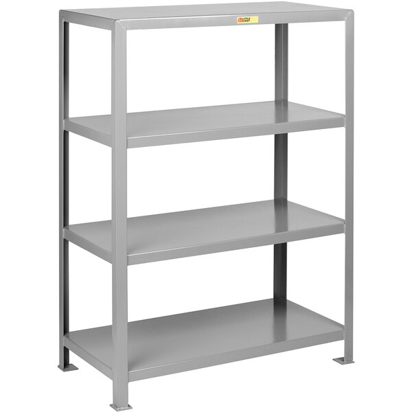 A grey Little Giant boltless steel shelving unit with 4 shelves.