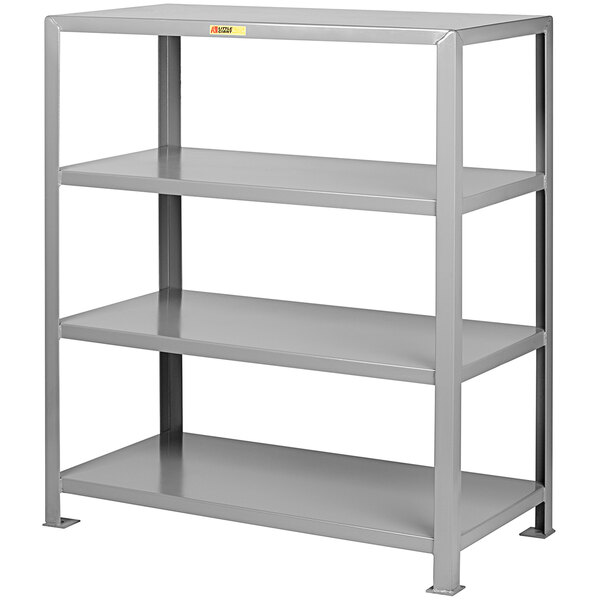 A grey Little Giant steel boltless shelving unit with three shelves.