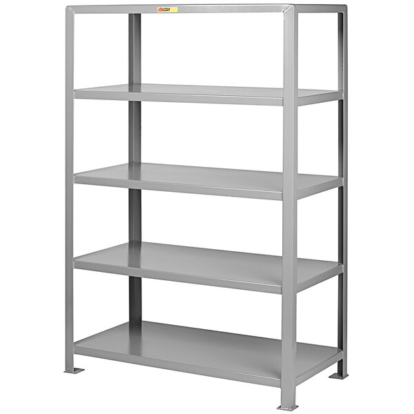 A grey Little Giant boltless steel shelving unit with four shelves.