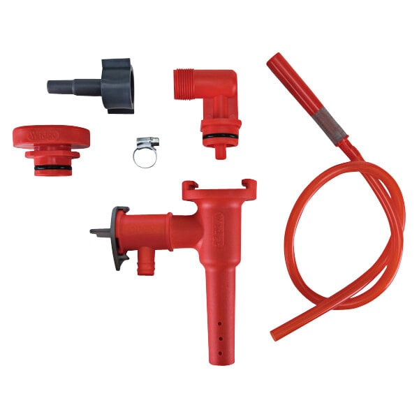 A red Micro Matic water hose with hose fittings.