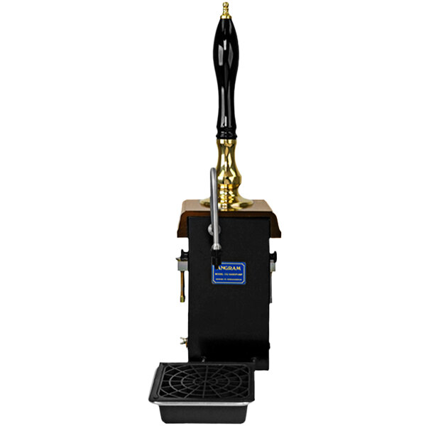 A black and gold Micro Matic Angram beer tap on a black and white clamp.