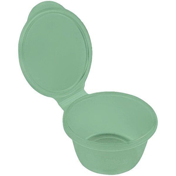 A jade green GET plastic sauce container with a lid.