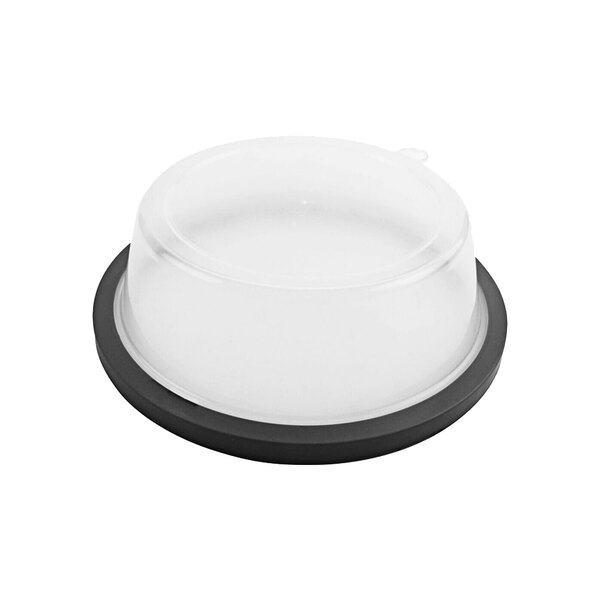 A clear plastic bowl with a black lid.