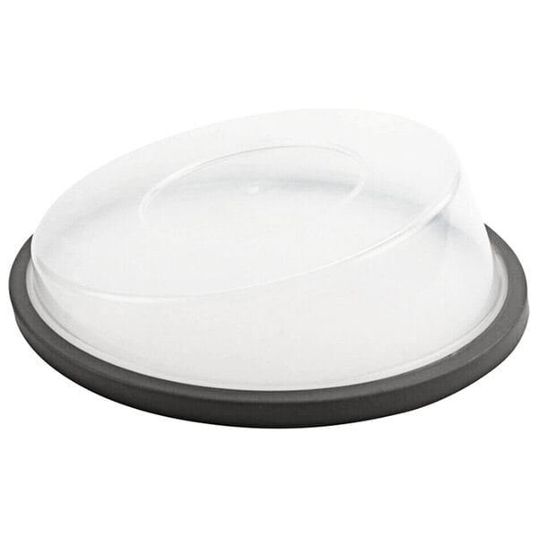 A clear plastic lid with a black rim on a white background.