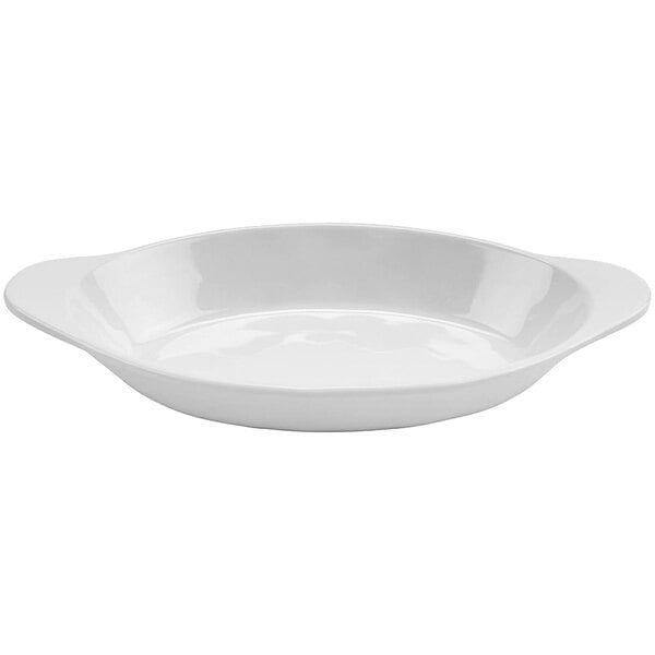 A white irregular oval melamine side dish with handles.