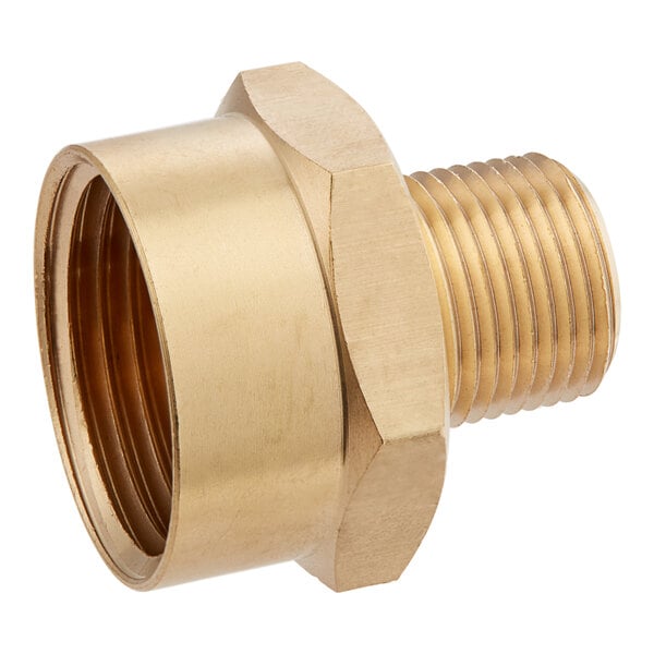 A Regency brass threaded adapter with a 3/8" male NPT connection and a 3/4" female GHT connection.