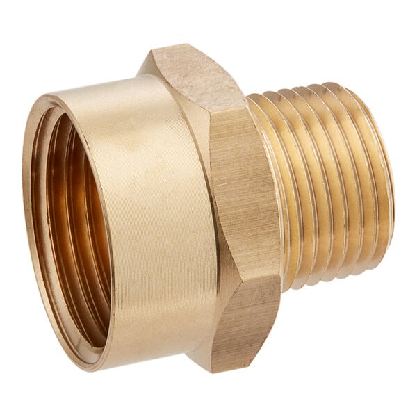 A Regency brass threaded adapter with a 1/2" male NPT and 3/4" female GHT connection.